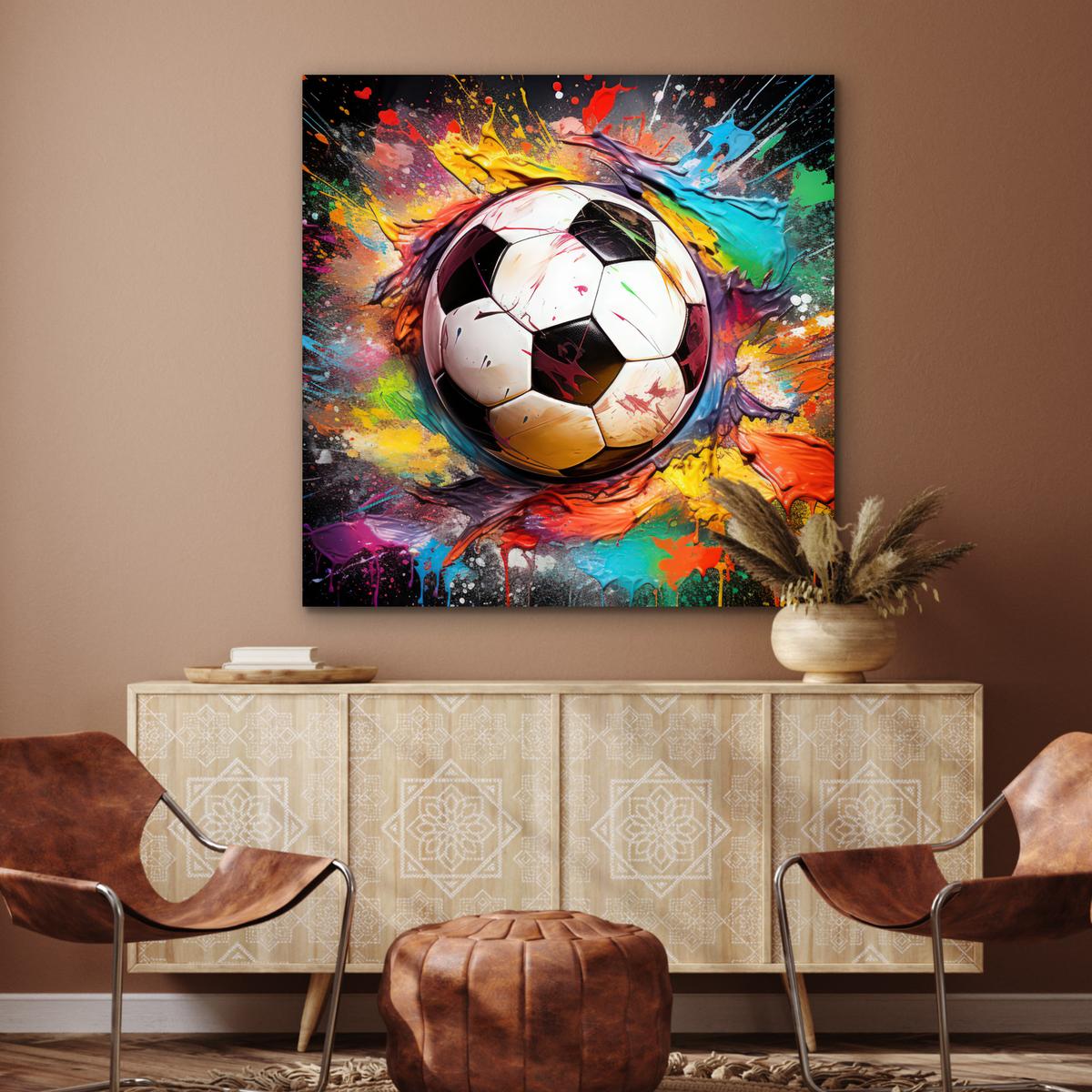 METALLBILD Fußball - Farbe - Farben - Schwarz - Weiß 90x90 cm - Weiß, Metall (90/90cm) - MuchoWow
