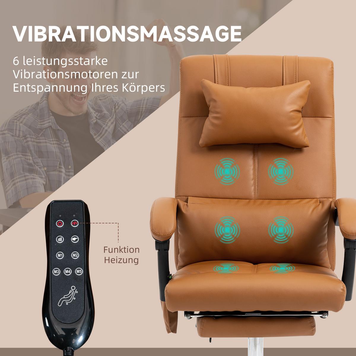 BÜROSTUHL mit Massagefunktion, Ergonomisch Schreibtischstuhl mit Liegefunktion - Braun, Leder (67/122/66cm) - Vinsetto