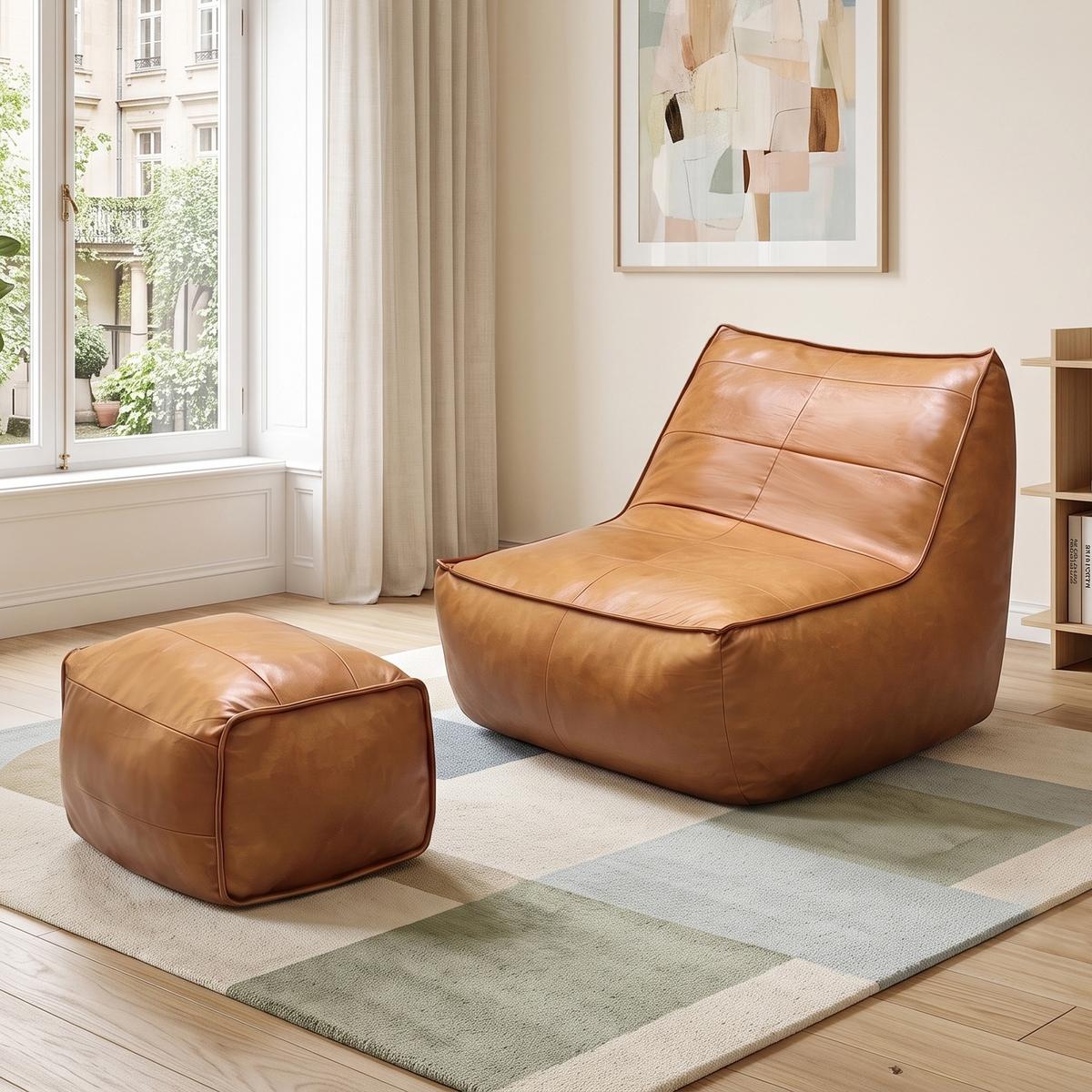 SESSEL Sitzsack & Hocker Set Tech-Leder Raupen-Design - Braun, Textil (80/75/93cm) - Urban Meuble