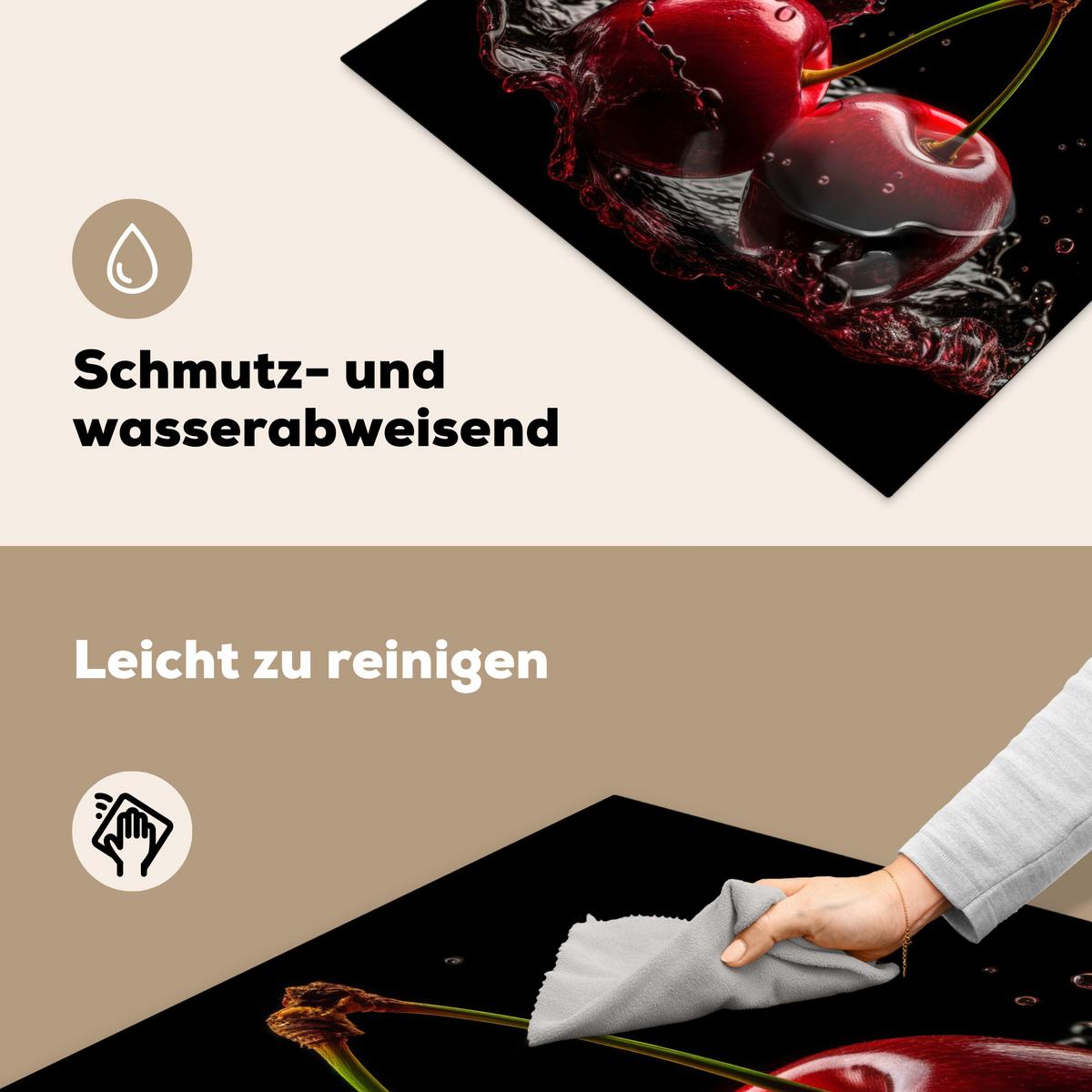 HERDABDECKPLATTE Kirsche - Rot - Frucht - Wasser - Schwarz Induktionsmatte 77x59 cm - Kirschrot, Kunststoff (77/59/0.2cm) - MuchoWow