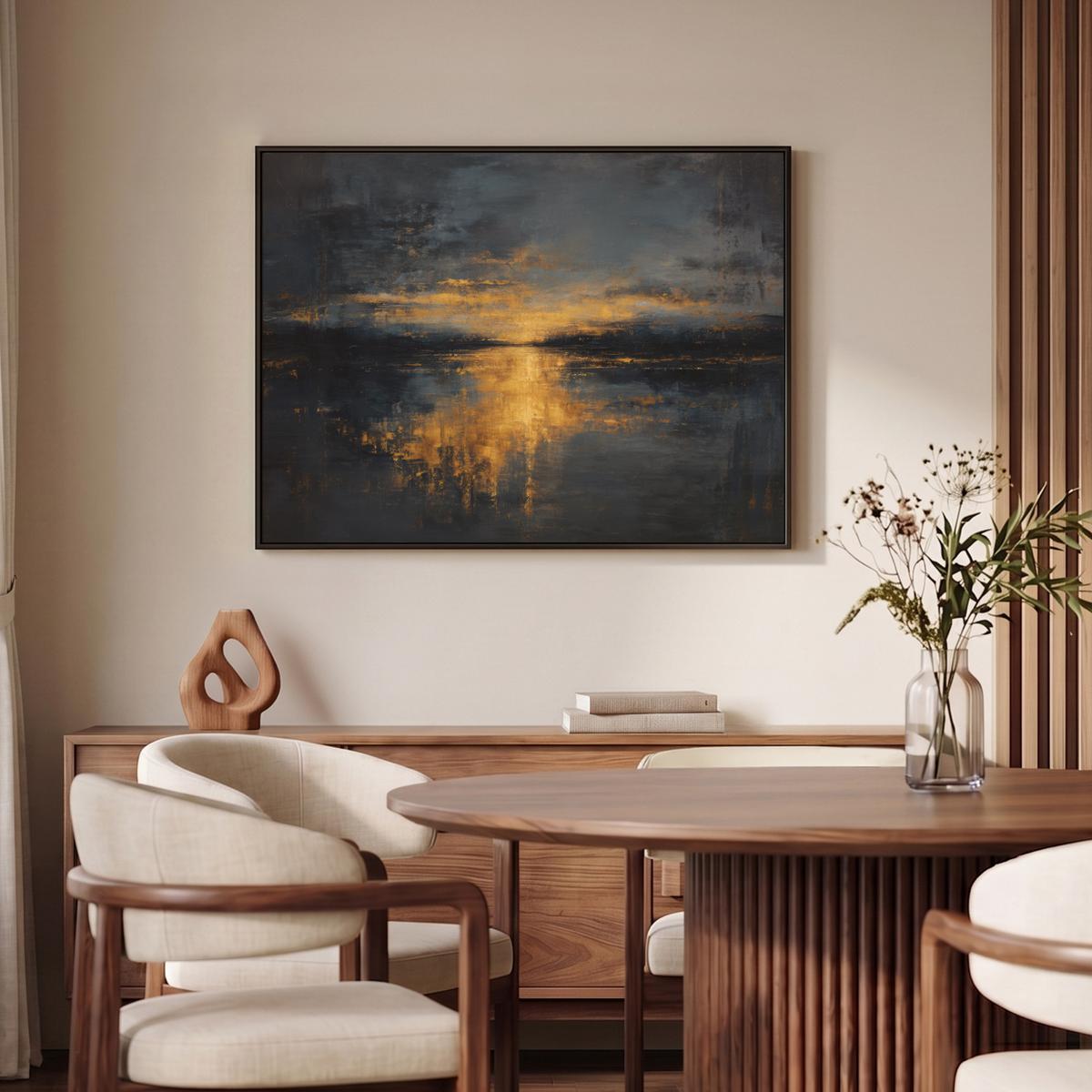 LEINWAND Bilder mit Rahmen - Goldene Reflexion auf dem Wasser - 100x70 - Anthrazit, Textil (100/70cm) - MuchoWow