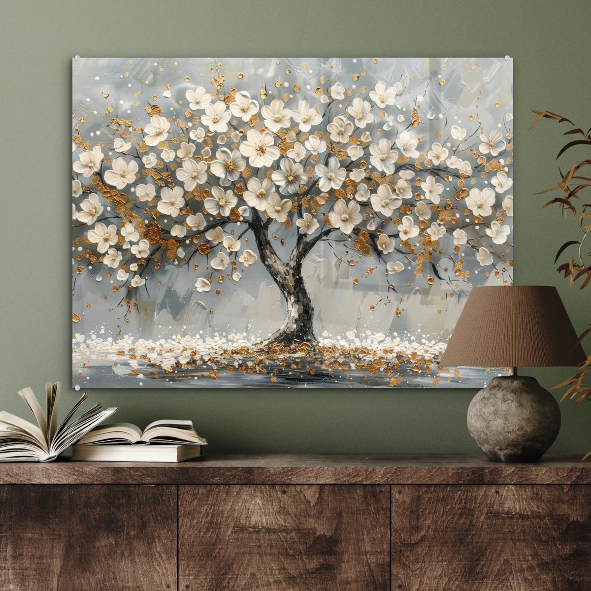 ACRYLGLASBILD Baum - Blumen - Weiß - Natur - Kunst 80x60 cm - Weiß, Glas (80/60cm) - MuchoWow