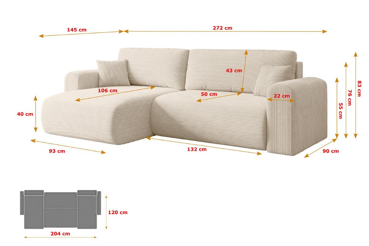 ECKSOFA mit Schlaffunktion und Bettkasten ORRO-L - 272x145x83 cm Beige Cord - Beige/Schwarz, Holzwerkstoff/Kunststoff (272/145cm) - ALTDECOR
