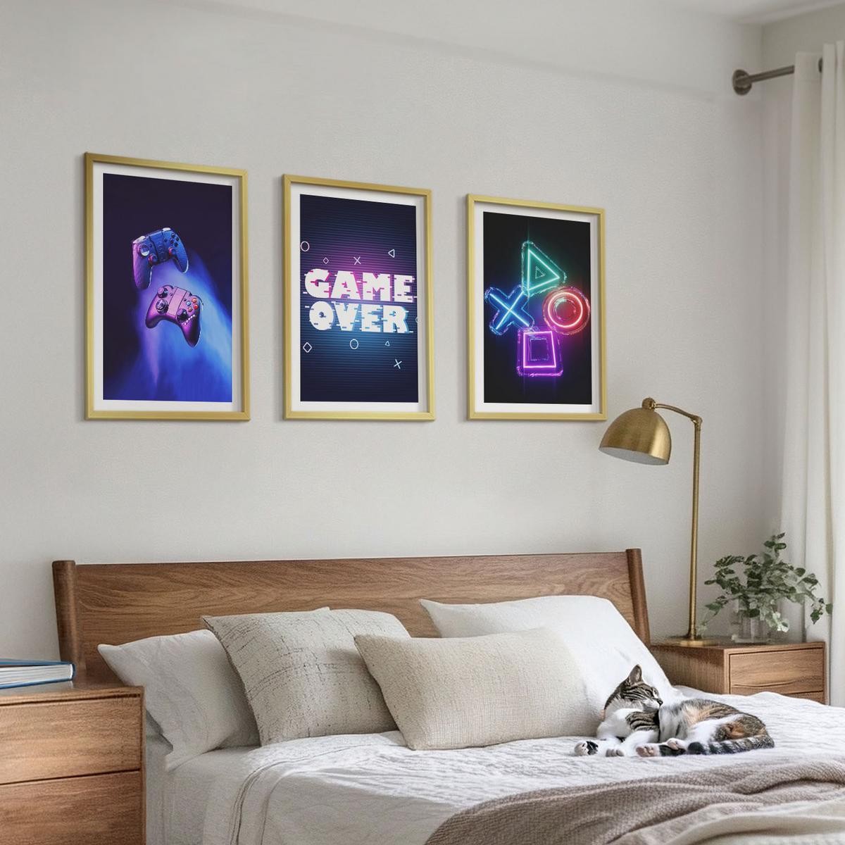 BILDER SET 3er Set - 40x60 cm Goldrahmen - Game Over Gamepads - Goldfarben, Kunststoff (40/60cm) - TULUP