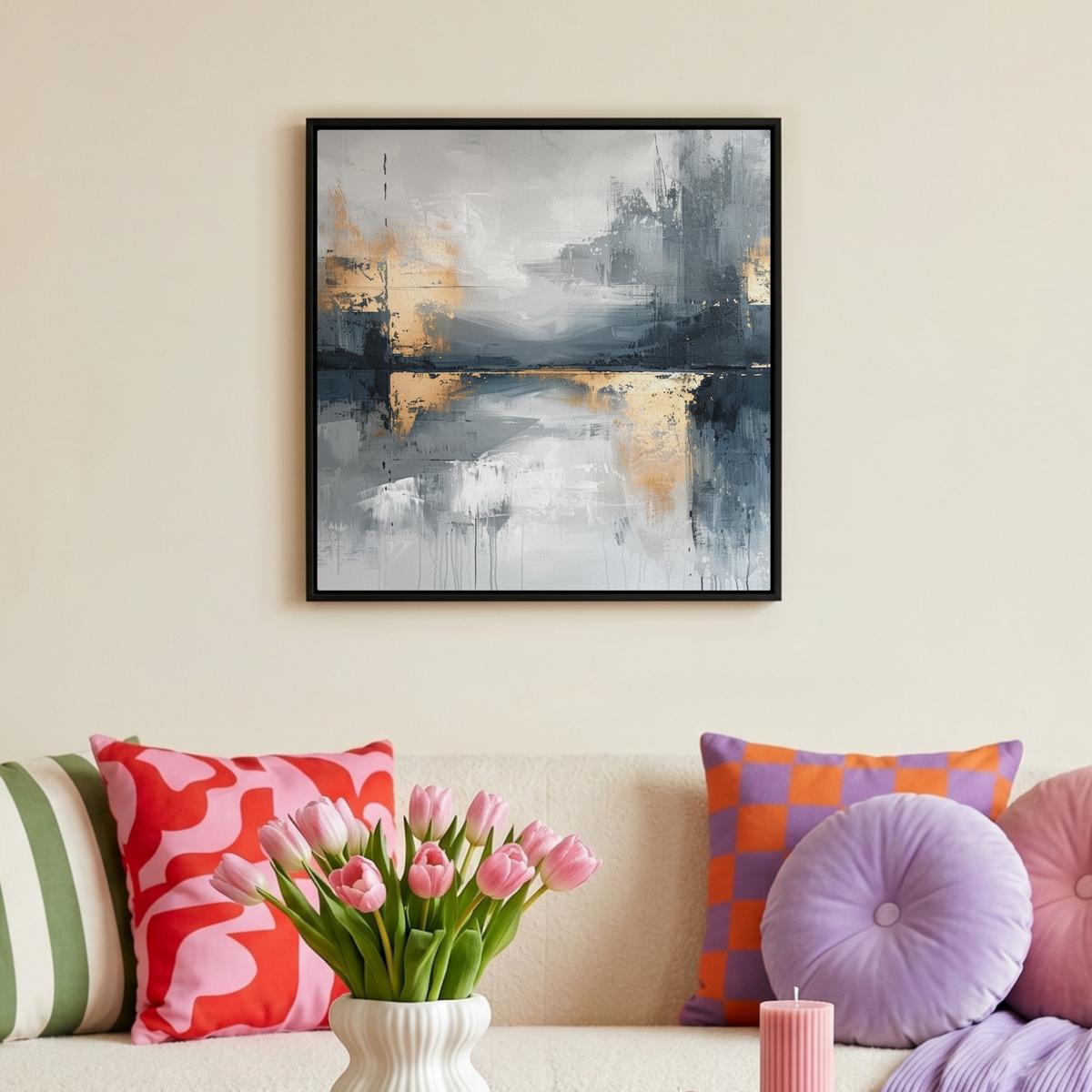 LEINWAND Bilder mit Rahmen - Kunst - Grau - Gold - Abstrakt - 50x50 - Dunkelgrau, Textil (50/50cm) - MuchoWow