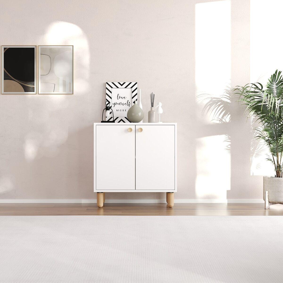 SIDEBOARD mit 2 Türen und Füßen aus massivem Buchenholz 36/72/73 cm - Weiß, Holzwerkstoff (36/73/43cm) - Calicosy