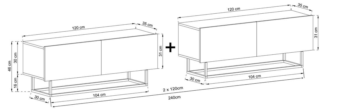 TV-LOWBOARD 2-er Set Enjoy Grau Matt mit Metallrahmen 120 cm - Schwarz/Grau, Holzwerkstoff/Metall (240/46/35cm) - Meble Lindner