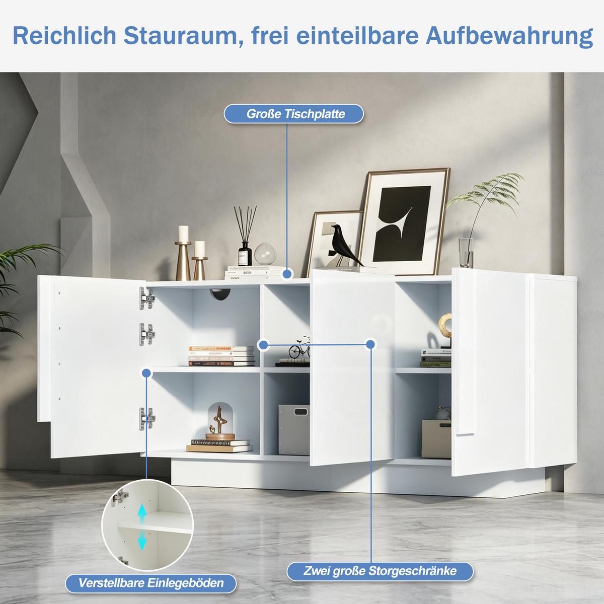 SIDEBOARD 160cm Weiß Hochglanz – Kommode mit 3 Türen & 6 Fächern - Weiß, Holzwerkstoff (35/60/160cm) - Urban Meuble