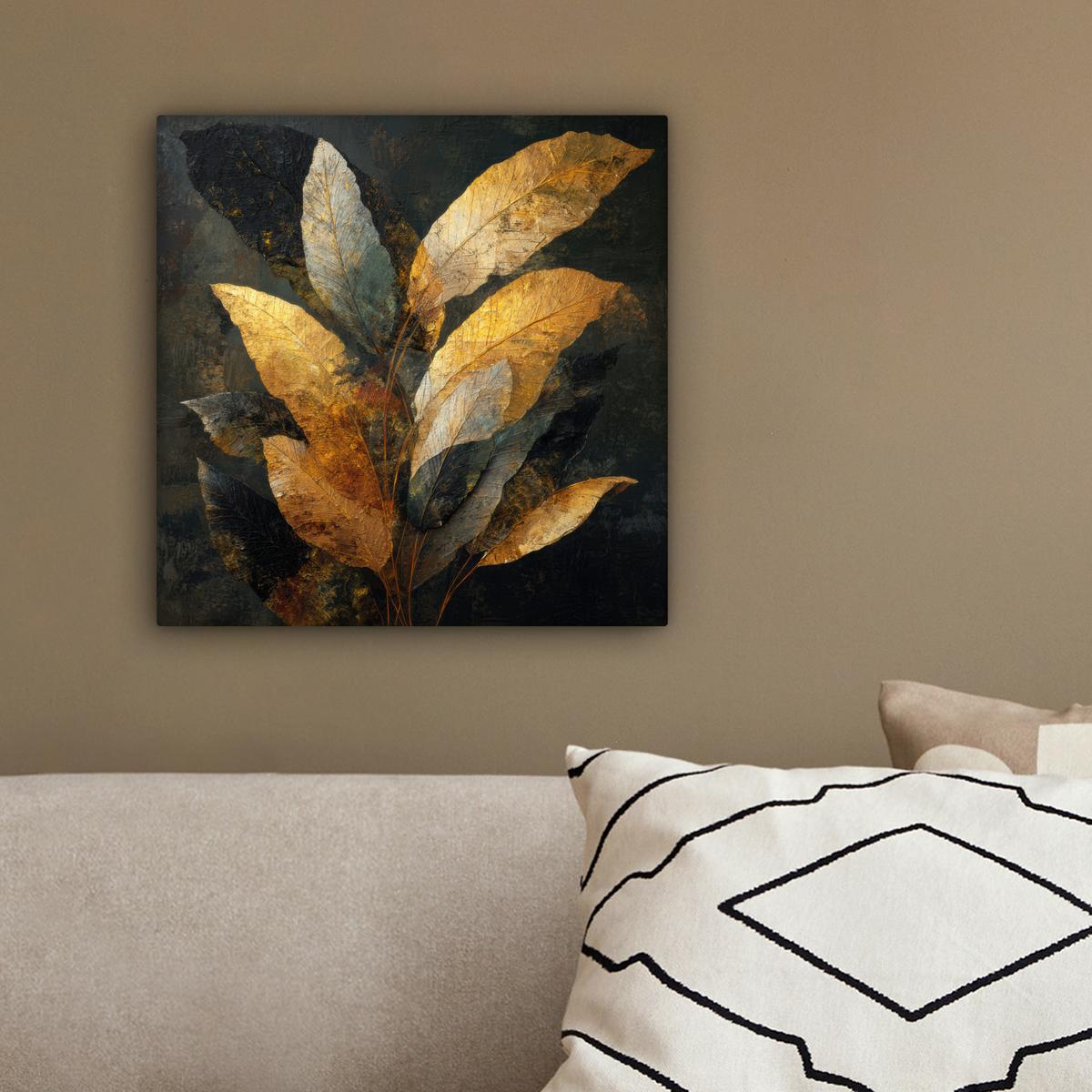 LEINWANDBILD Golden Leaf Komposition - Botanical Luxury Deko Wohnzimmer 20x20 cm - Goldfarben/Schwarz, Textil (20/20cm) - MuchoWow