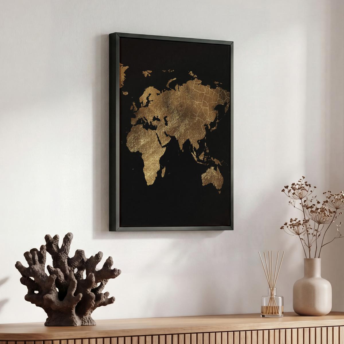 LEINWAND Bilder mit Rahmen - Weltkarte - Gold - Luxus - Erde - Schwarz - 30x40 - Goldfarben, Textil (30/40cm) - MuchoWow