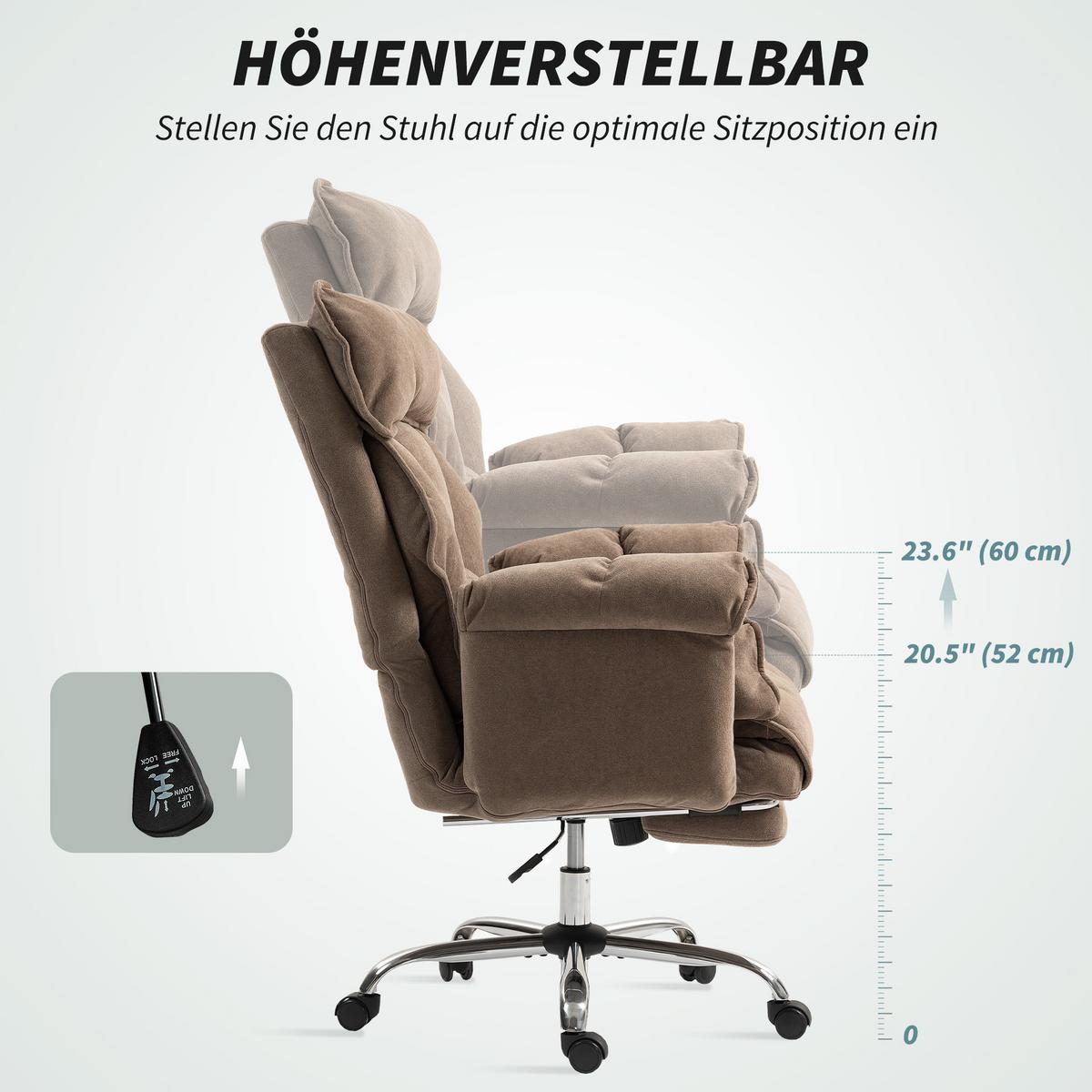 BÜROSTUHL Ergonomischer Schreibtischstuhl mit doppellagiger Polsterung Fußstütze - Hellbraun/Silberfarben, Textil/Metall (80/114/80cm) - HOMCOM