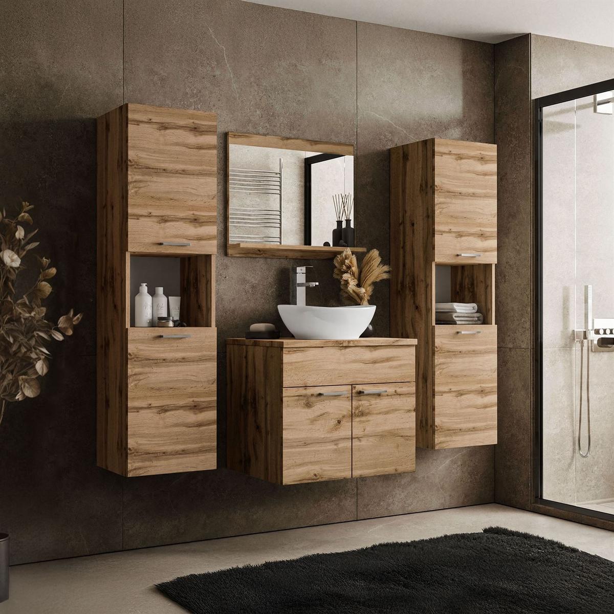 BADMÖBEL-SET LUMIRE LOFT IV Wotan Eiche mit Spiegel - Braun, Holzwerkstoff (60/52/46cm) - Lookway