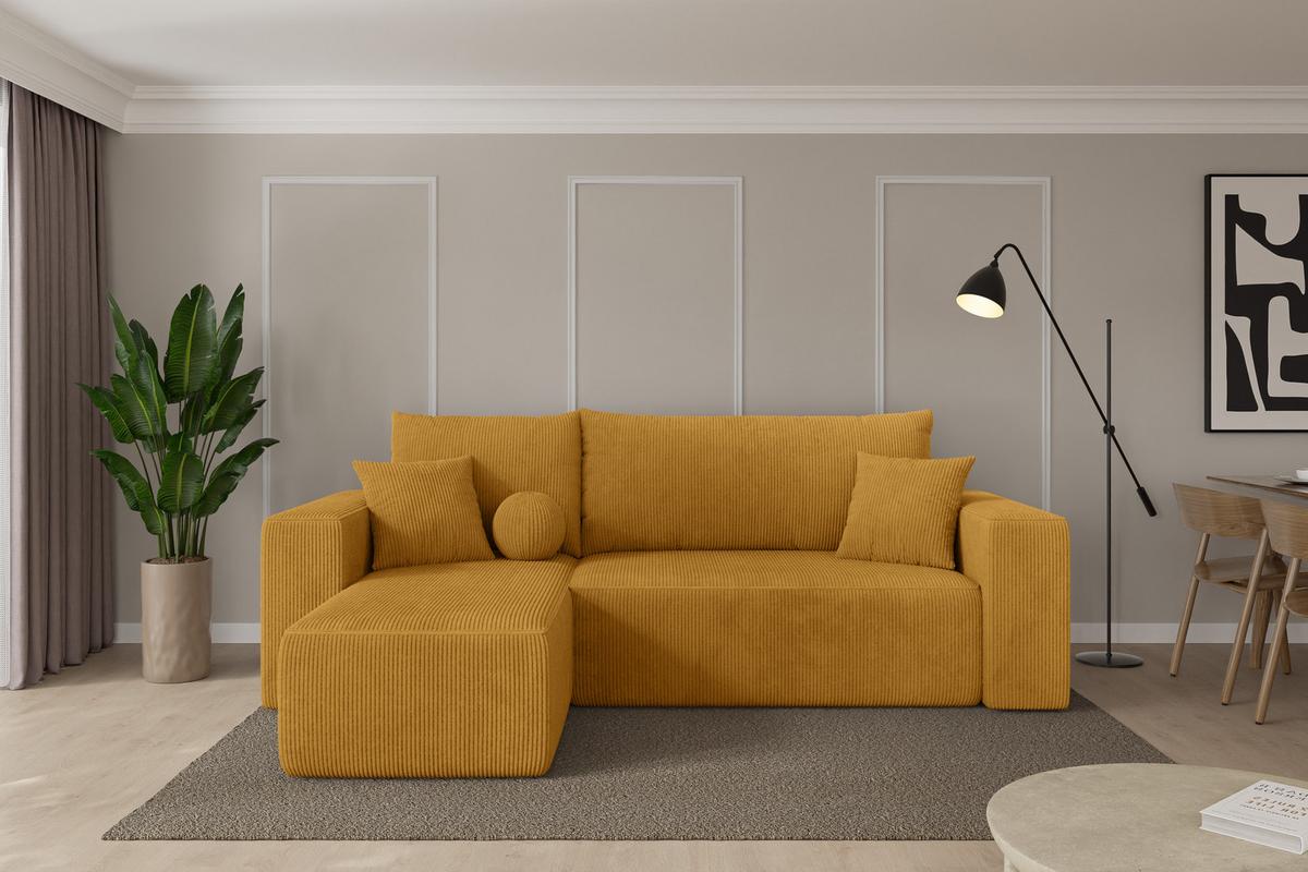 ECKSOFA mit Schlaffunktion Ottomane Links SENO-L 249x139x85 Senfgelb Cord - Dunkelgelb/Schwarz, Holzwerkstoff/Kunststoff (249/139cm) - ALTDECOR