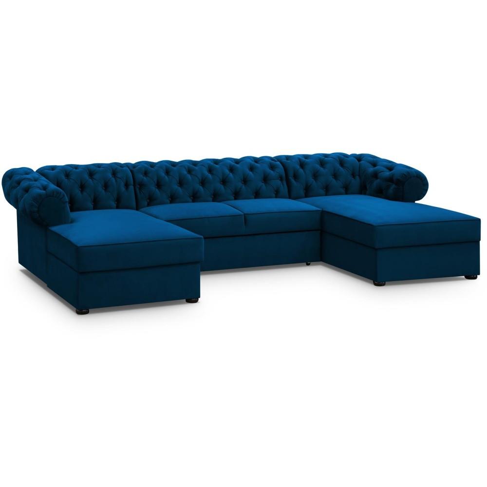 WOHNLANDSCHAFT Chester im Chesterfield-Stil, Dunkelblau - Schwarz/Dunkelblau, Textil (348/81/174cm) - Beautysofa