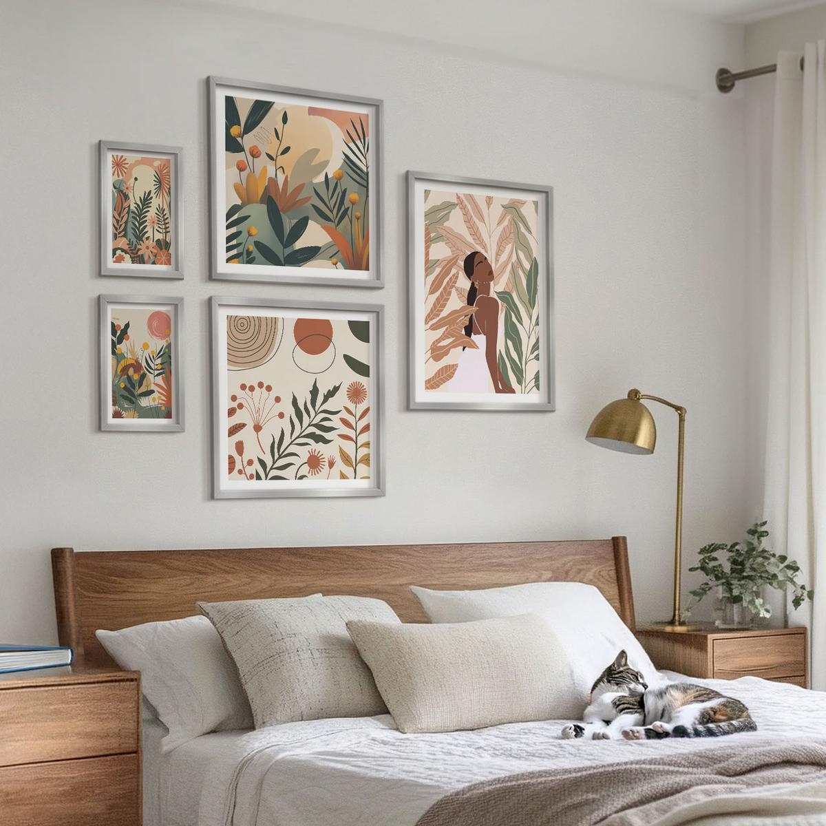 BILDER SET 5er Set - 50x50 cm & 20x30 cm & 40x60 cm Silberner Rahmen - Pflanzenmotive in Farben - Silberfarben, Kunststoff (40/60cm) - TULUP
