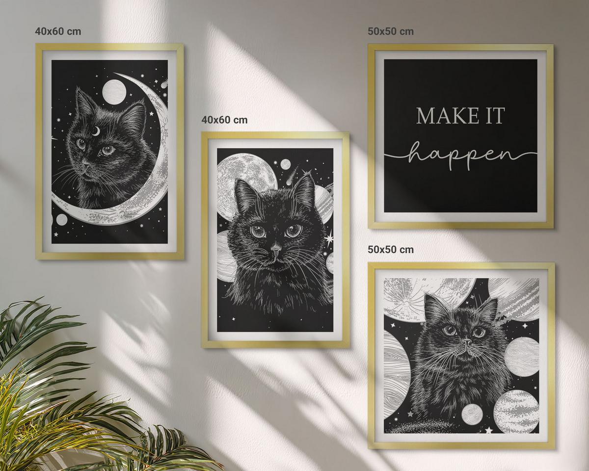 BILDER SET 4er Set - 50x50 cm & 40x60 cm Goldrahmen - Schwarze Katzen, Mond, Planet - Goldfarben, Kunststoff (50/50cm) - TULUP