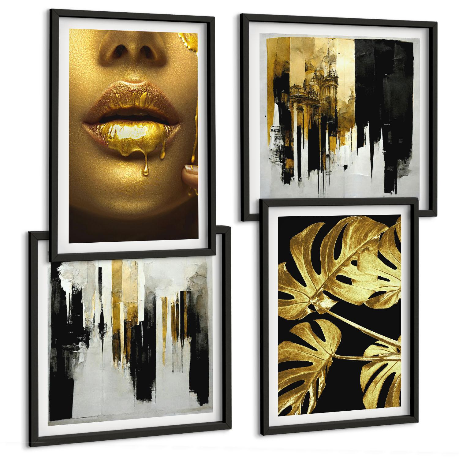 BILDER SET 4er Set - 50x50 cm & 40x60 cm Schwarzer Rahmen - Abstrakte Blattmalerei - Schwarz, Kunststoff (50/50cm) - TULUP