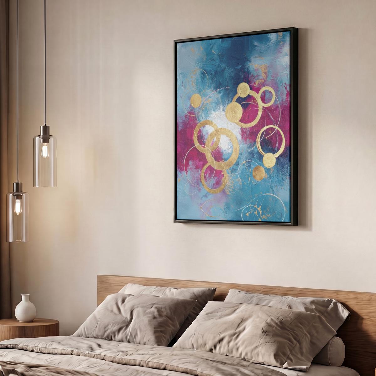 LEINWAND Bilder mit Rahmen - Kreise - Gold - Abstrakt - 60x80 - Blau, Textil (60/80cm) - MuchoWow