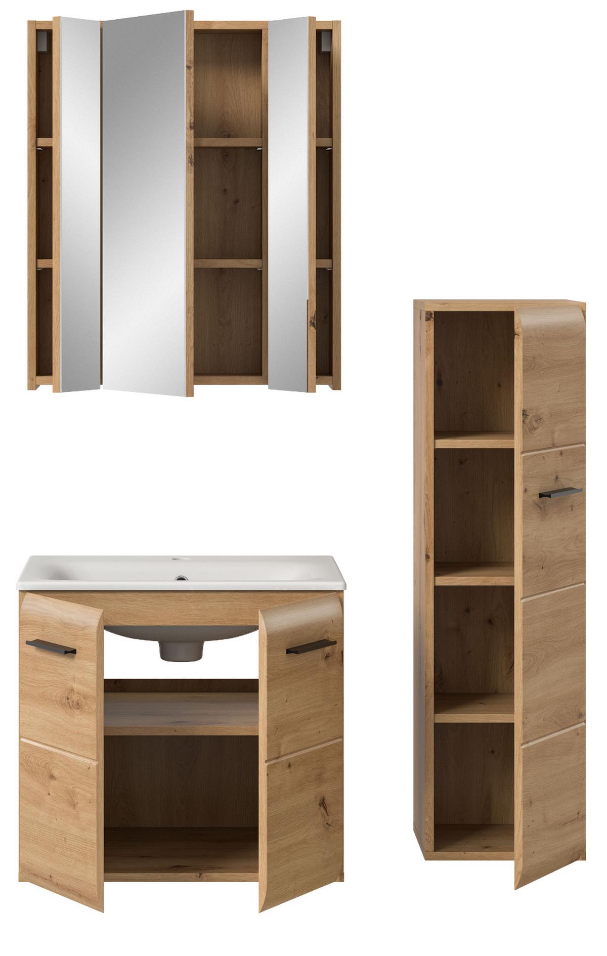 BADMÖBEL-SET 3-teilig in Artisan Eiche, Badkombination mit Waschbecken, 105 x 185 cm, Cover - Schwarz/Eiche Artisan, Glas/Keramik (105/185/30cm) - Inn.Furn