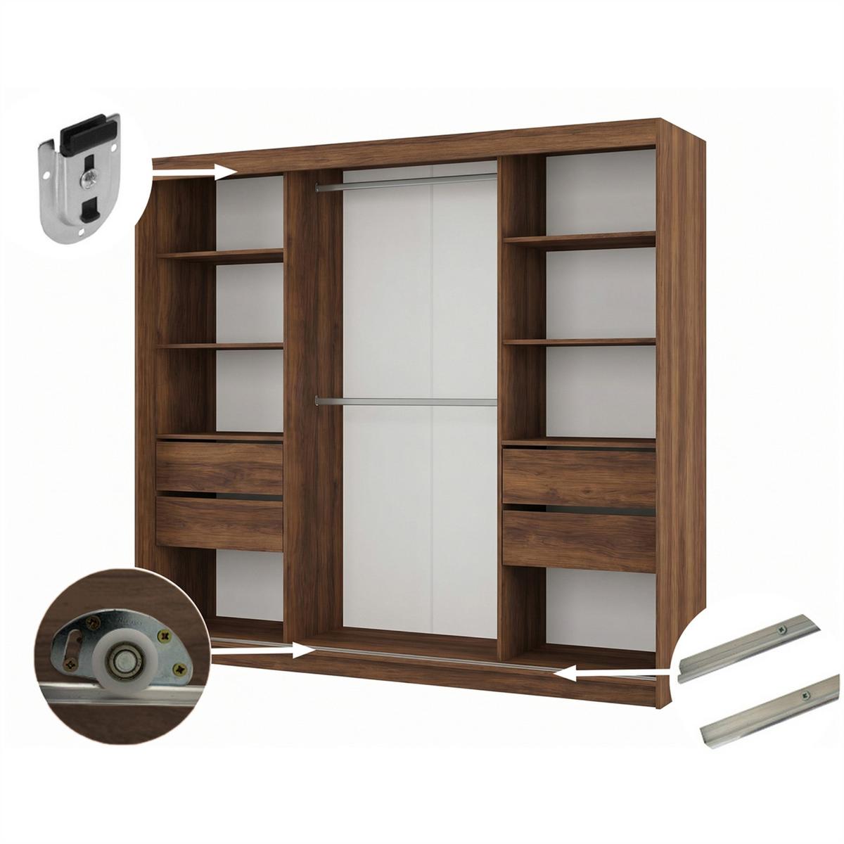SCHWEBETÜRENSCHRANK Nela II mit Schubladen und Spiegel 200/216/61 Walnuss+Schwarz - Walnussfarben, Holzwerkstoff (200/216/61cm) - Beautysofa