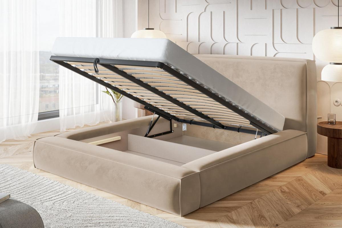 BETT 120x200 - Polsterbett mit Bettkasten und Metallrahmen - Modern Bett - Eleganter Catch-Me-Stoff - Kollektion Luna Maxi - Weiß - Weiß, Holz/Textil (120/200cm) - Alpi-Möbel