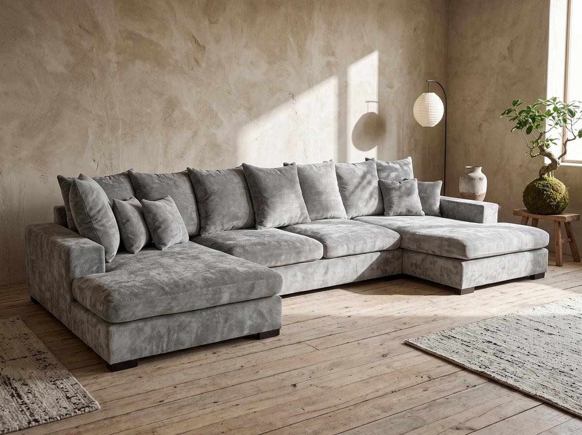 WOHNLANDSCHAFT Dahlia mit Schlaffunktion und Bettkasten in U-Form - Hellgrau Chenille 373/92/155 cm - Hellgrau/Schwarz, Kunststoff/Textil (373/92/155cm) - WFL GROUP