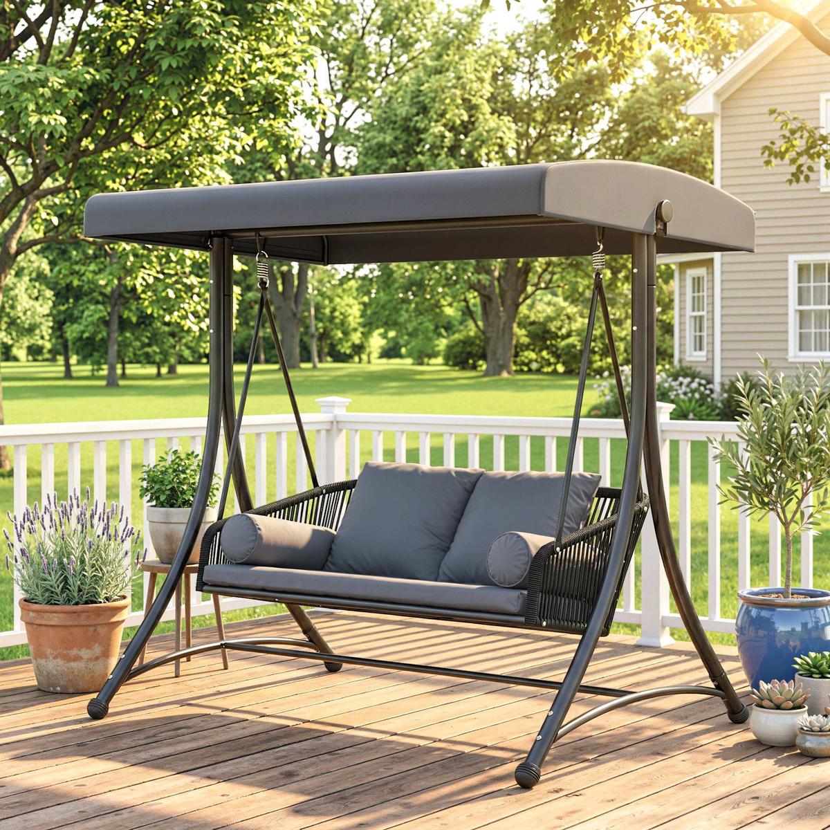 RATTAN-SCHAUKEL Metall Dunkelgrau - Dunkelgrau/Schwarz, Textil/Metall (120/172/178cm) - Outsunny
