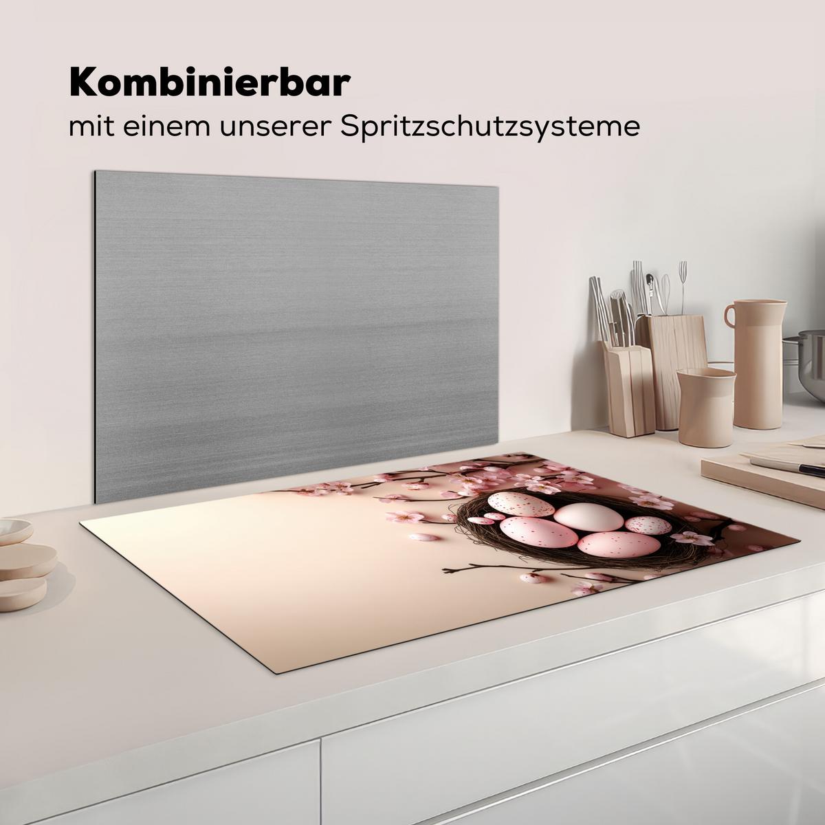 HERDABDECKPLATTE Rosa - Blüten - Eier Induktionsmatte 83x51 cm - Hellrosa, Kunststoff (83/51.5/0.2cm) - MuchoWow