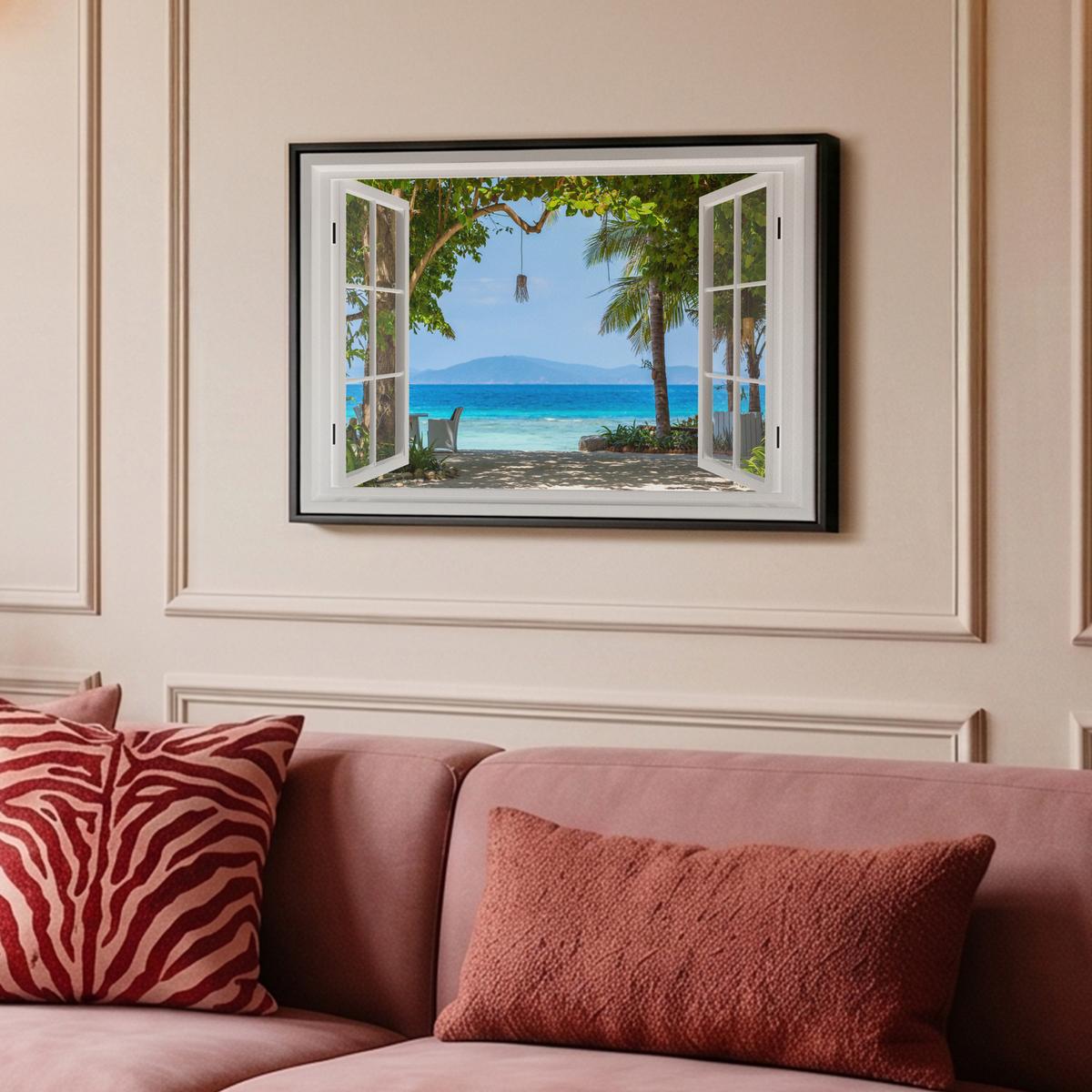 LEINWAND Bilder mit Rahmen - Aussicht - Baum - Meer - Palme - Hügel - Strand - Blau - 60x40 - Blau, Textil (60/40cm) - MuchoWow