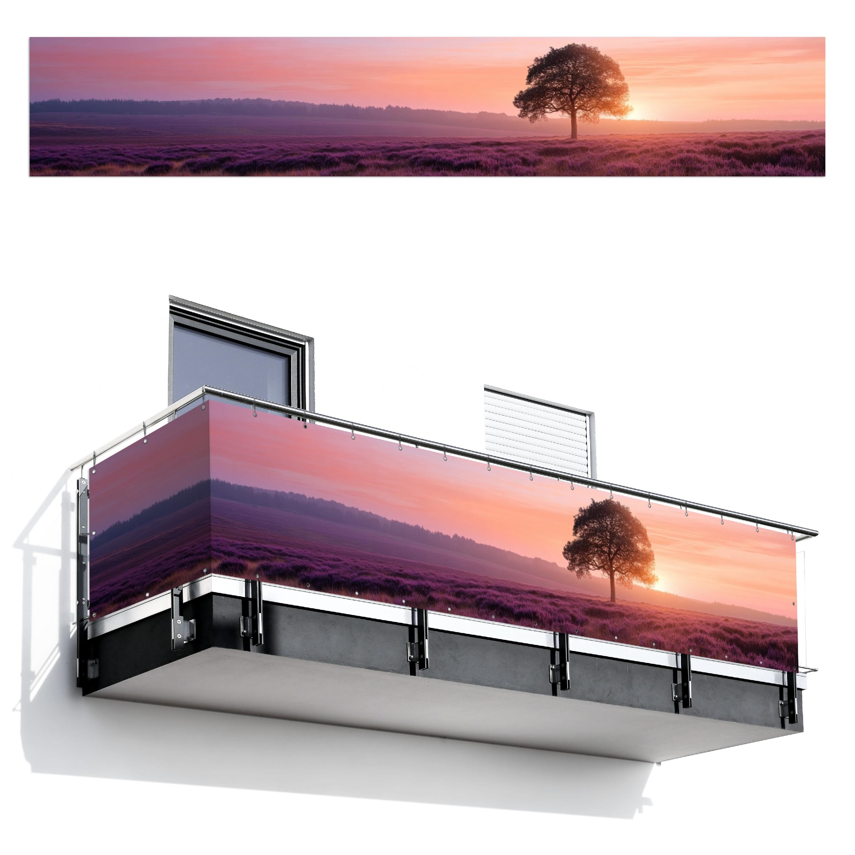 BALKON-SICHTSCHUTZ Baum - Heidekraut - Sonnenaufgang Groß 500x85 cm - Flieder, Kunststoff (500/85cm) - MuchoWow