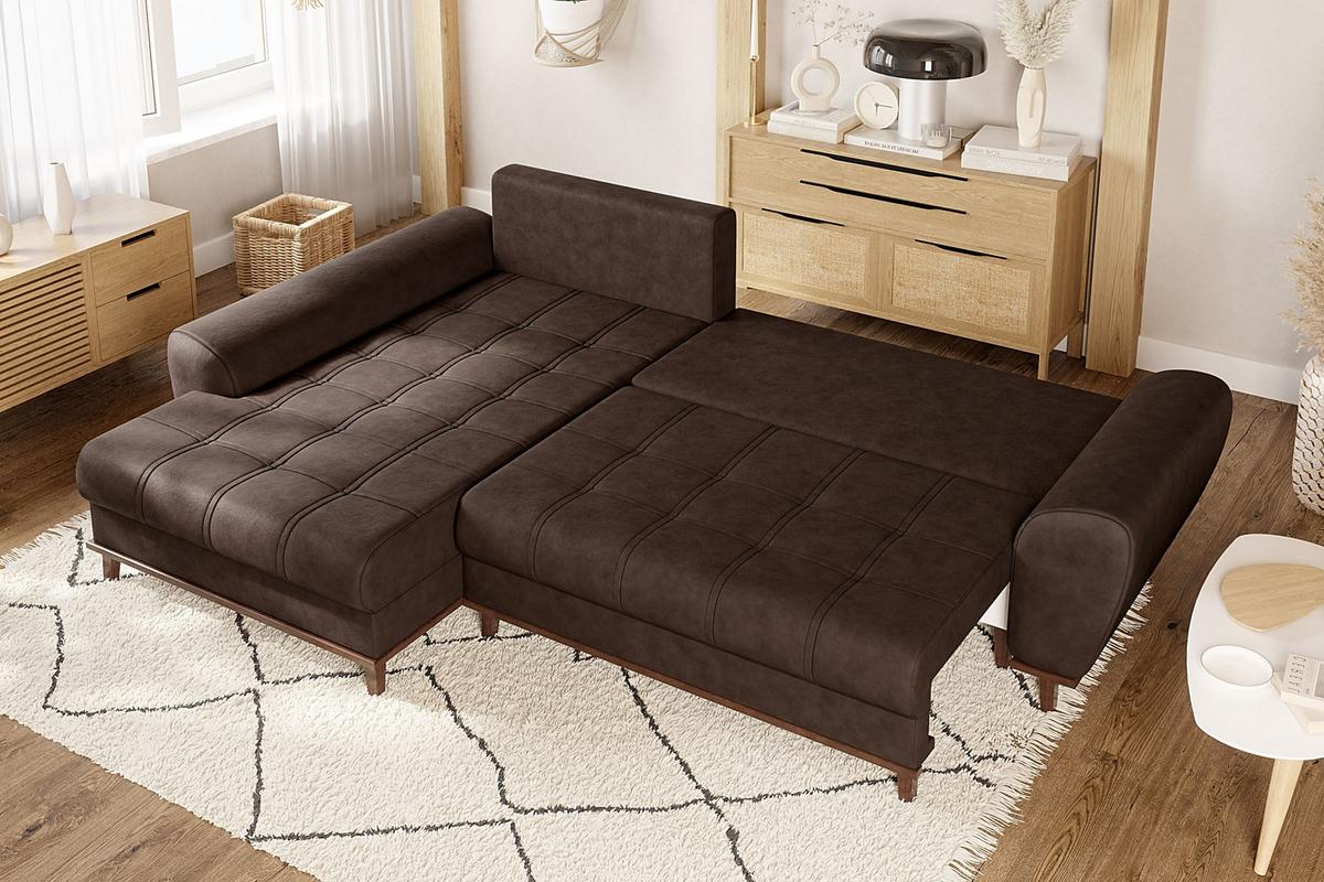 ECKSOFA im Scandi-Stil, Schlaffunktion, Bettkasten B268/T175/H86 cm, Ottomane links, Liegefl. 128x209 cm, Mikrofaserstoff in Vintage Braun / 21018 - Wildeiche/Eiche Bianco, Holz/Textil (268/175cm) - luma-home