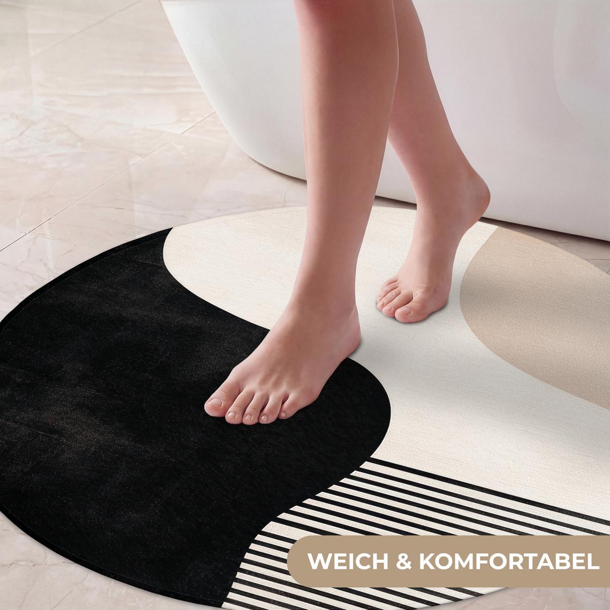 BADEMATTE Abstrakt - Japandi - Beige - Modern Badvorleger 70x70 cm - Beige/Schwarz, Textil (70/70cm) - OnlyWow