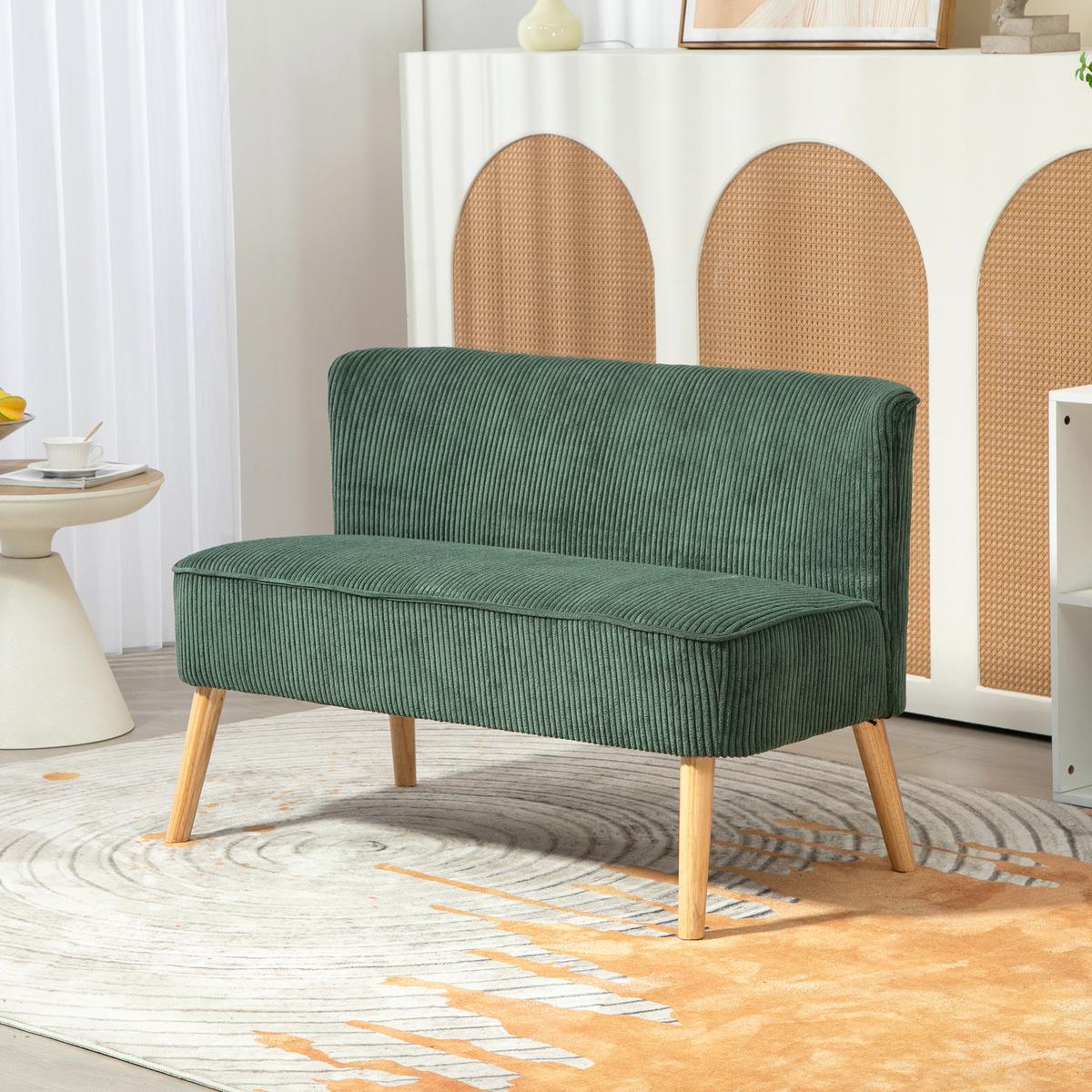 2 Sitzer Sofa, Gepolsterte Couch mit Kordoptik, Holzbeine für Wohnzimmer, Grün - Waldgrün/Naturfarben, Holz/Textil (56.5/77/117cm) - HOMCOM