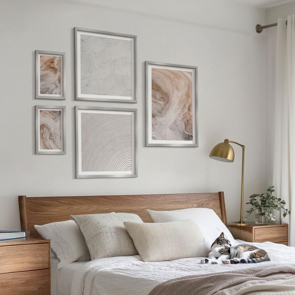 BILDER SET 5er Set - 50x50 cm & 20x30 cm & 40x60 cm Silberner Rahmen - Marmorstein-Texturmuster - Silberfarben, Kunststoff (40/60cm) - TULUP
