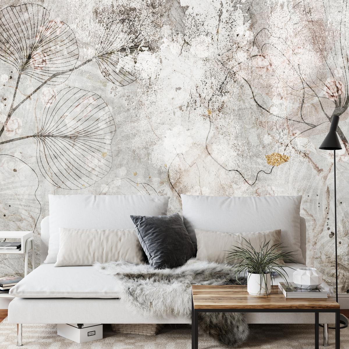 FOTOTAPETE für Wohnzimmer Vintage Blätter Blumen Beton Abstrakt 100x70 - Gelb/Orange, Papier (100/70cm) - Muralo