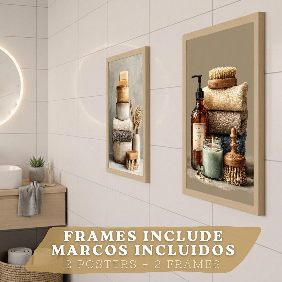 POSTER 2er-Set dekorative Badezimmer-Wandbilder und für Waschbecken, Dusche, WC mit Seifen, Handtüchern und Bürsten, Naturstil Leichter Holzrahmen A4 - Beige, Papier (29.7/21/3cm) - Nacnic