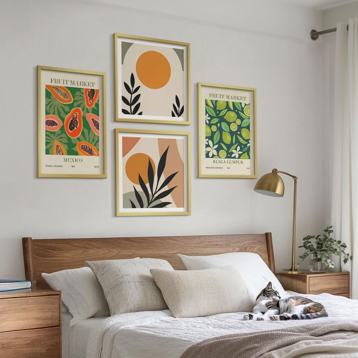 BILDER SET 4er Set - 50x50 cm & 40x60 cm Goldrahmen - Boho-Papaya-Fruchtmuster - Goldfarben, Kunststoff (50/50cm) - TULUP