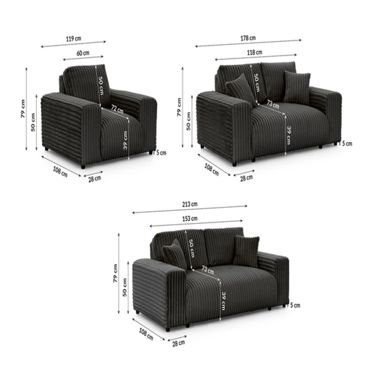 SITZGARNITUR 3+2+1 Mollis Dunkelgrau Plüschcord - Dunkelgrau/Schwarz, Holz/Kunststoff (213/79/108cm) - S-Style