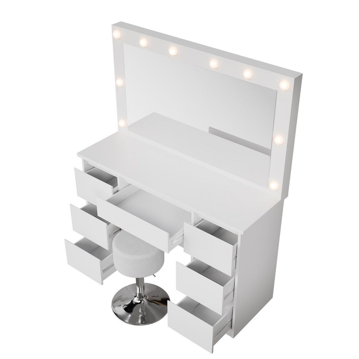 SCHMINKTISCH Lilia weiß mit LED-Beleuchtung und Hocker Tonia - Weiß, Holz (108/140/41cm) - Juskys