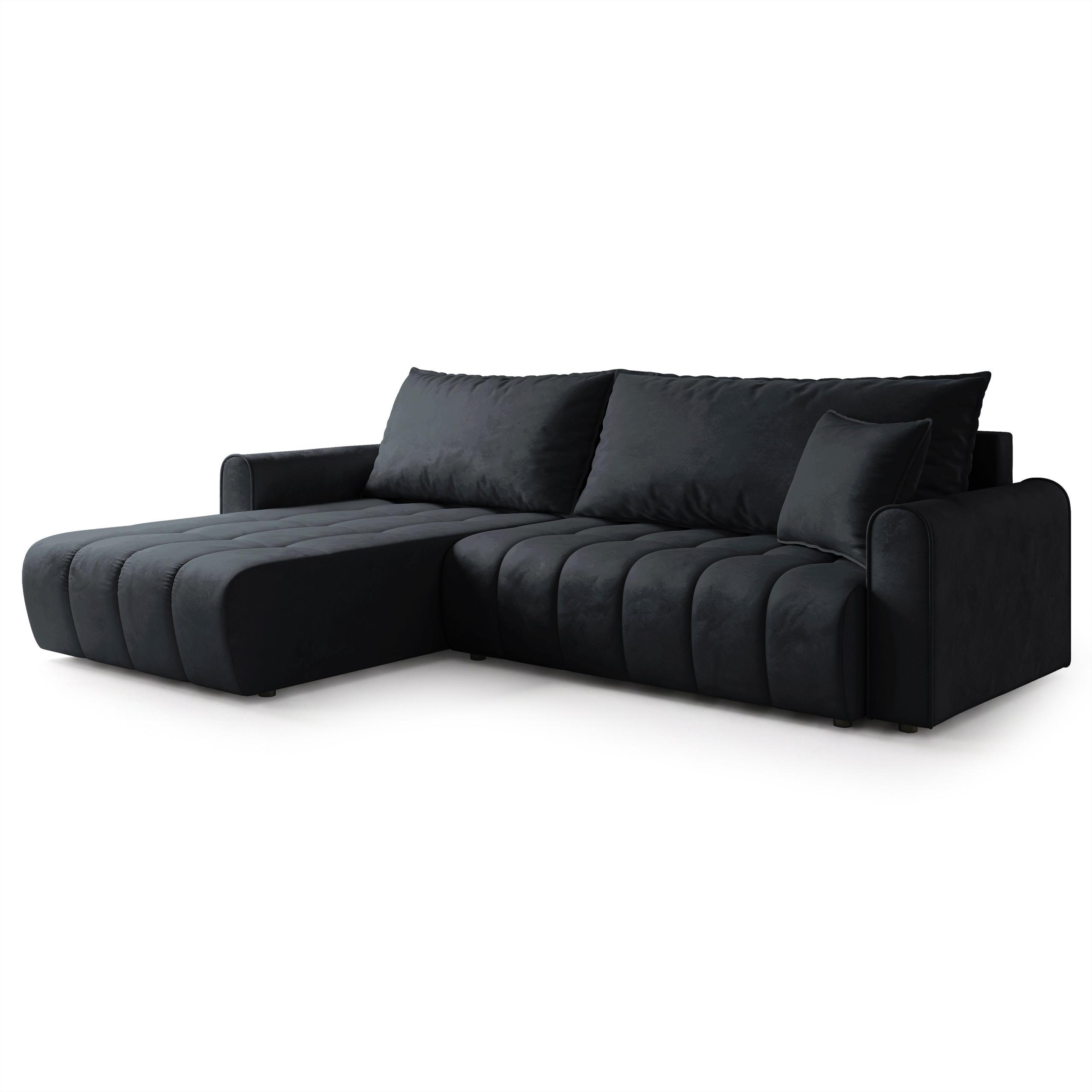 ECKSOFA FRIGA Schwarz Velours-Stoff mit Schlaffunktion - Schwarz, Holz (283/185cm) - MASSENO