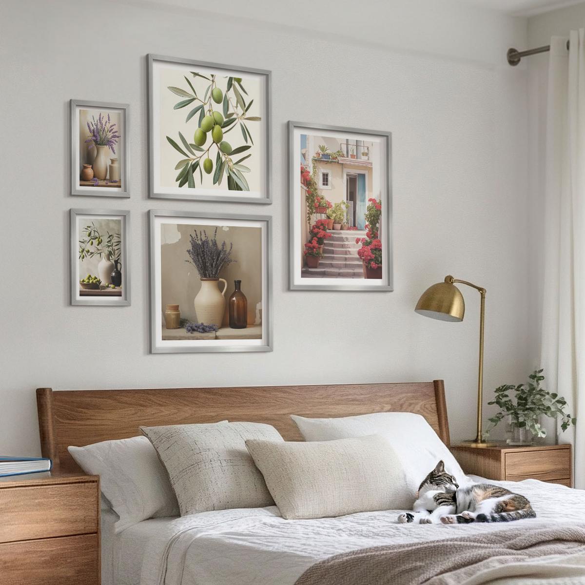 BILDER SET 5er Set - 50x50 cm & 20x30 cm & 40x60 cm Silberner Rahmen - Oliven in Keramikgrau - Silberfarben, Kunststoff (40/60cm) - TULUP
