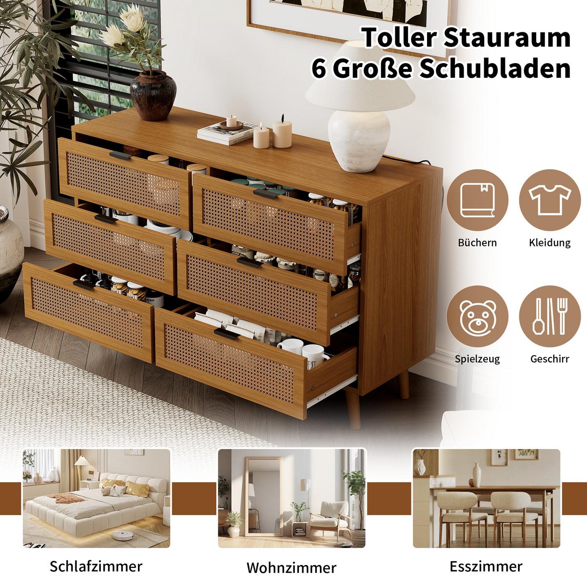 SIDEBOARD mit 6 Schubladen Sideboard aus Holz mit Metallgriffen, Retro-Design, für Schlafzimmer & Büro Walnuss - Braun, Holzwerkstoff (120/77/40cm) - Urban Meuble
