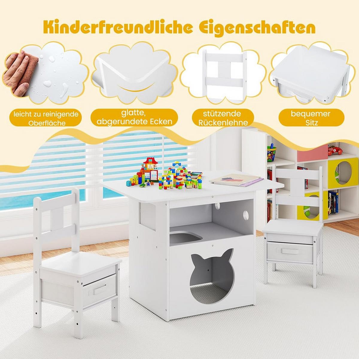 KINDERTISCH mit stuhl weiß(3-tlg) - Weiß, Holzwerkstoff (80/59/52cm) - COSTWAY