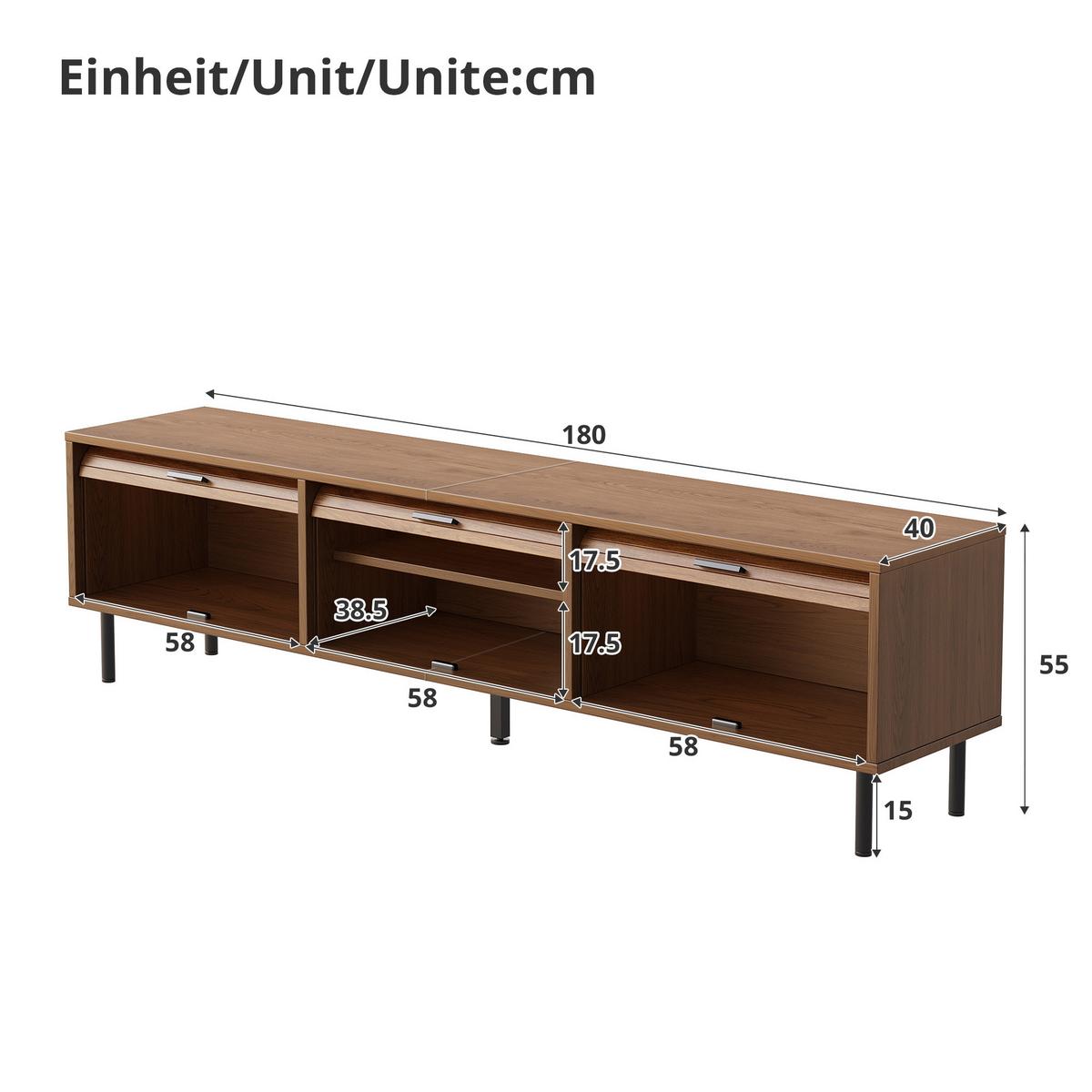 TV-LOWBOARD Walnuss-Optik 180cm mit 3 aufschiebbaren Türen & Metallfüßen - Walnussfarben, Holzwerkstoff (180/55/40cm) - Urban Meuble