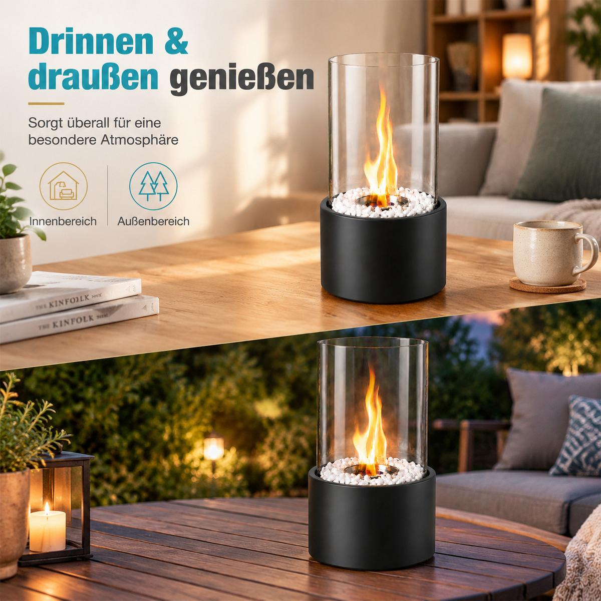 TISCHKAMIN Hylvar 16/14/26.9 cm - Schwarz, Glas/Metall (14/26.9/16cm) - ZMH