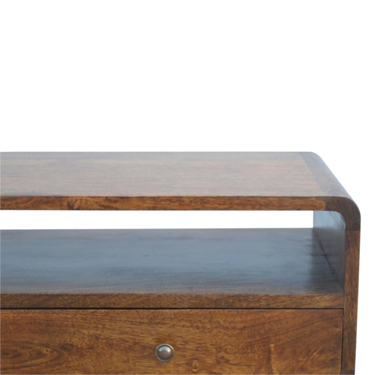 GEKRÜMMTES KONSOLENTISCH im Kastanienholz-Finish, 2 Schubladen, 1 Offenes Fach, Beine im Nordischen Stil, Braun - Messingfarben/Braun, Holz/Metall (35/90/90cm) - Artisan Furniture
