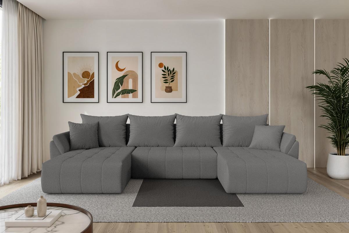 WOHNLANDSCHAFT mit Schlaffunktion und Bettkasten TOKO-U 378x194x86 Grau Bouclé - Schieferfarben/Schwarz, Holzwerkstoff/Kunststoff (378/86/194cm) - ALTDECOR