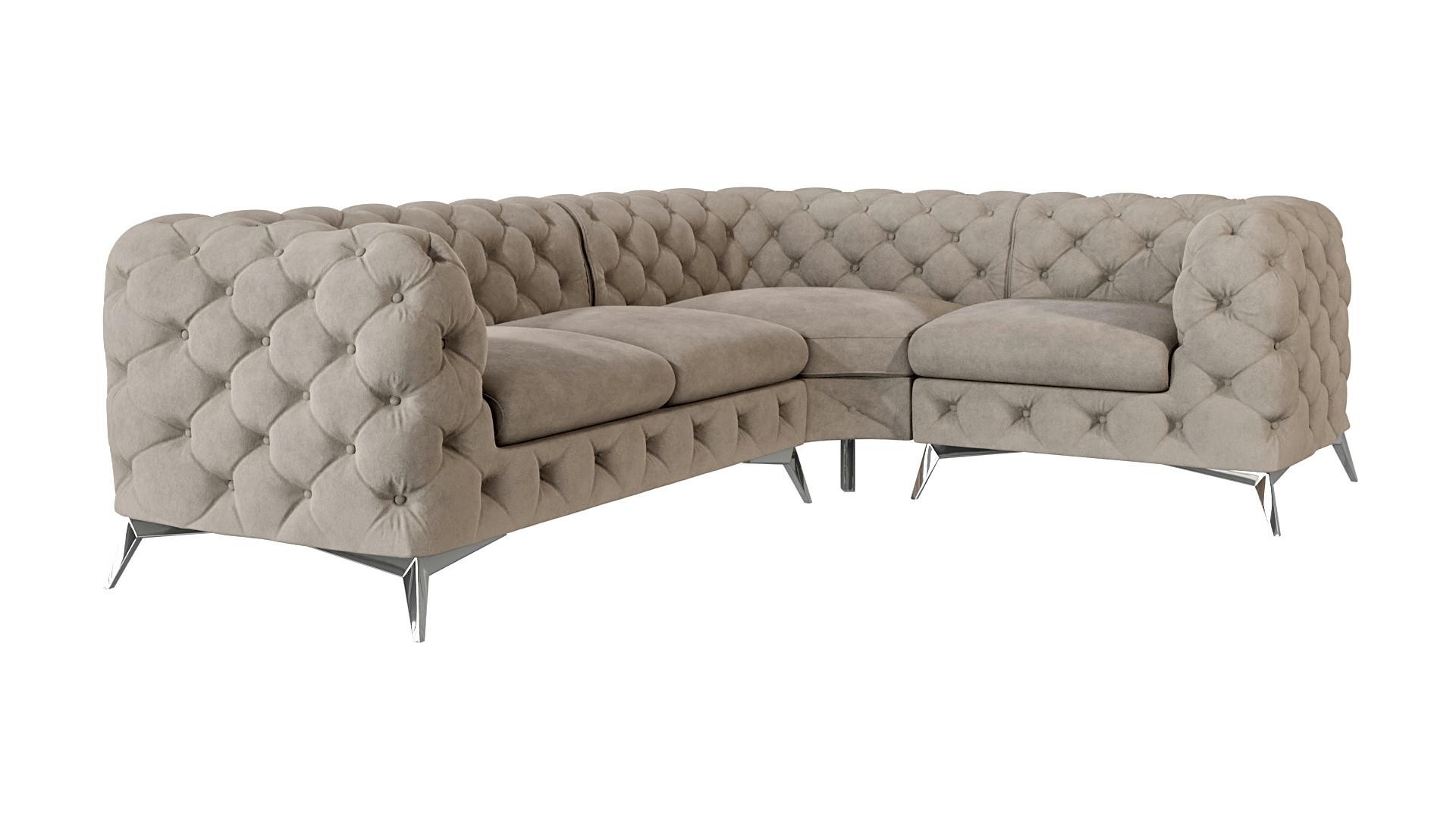 ECKSOFA Chesterfield Laura Dunkle Creme Samt, Ottomane rechts - Silberfarben/Creme, Holz/Textil (264/204cm) - S-Style