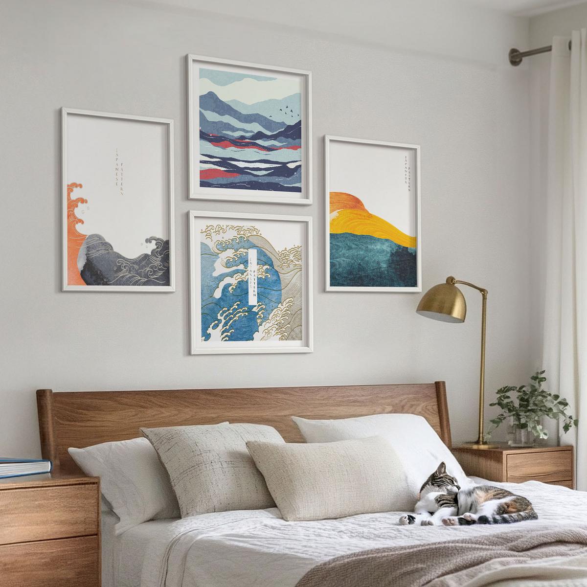 BILDER SET 4er Set - 50x50 cm & 40x60 cm Weißer Rahmen - Wellen – Japanische Kunstgrafik - Weiß, Kunststoff (50/50cm) - TULUP