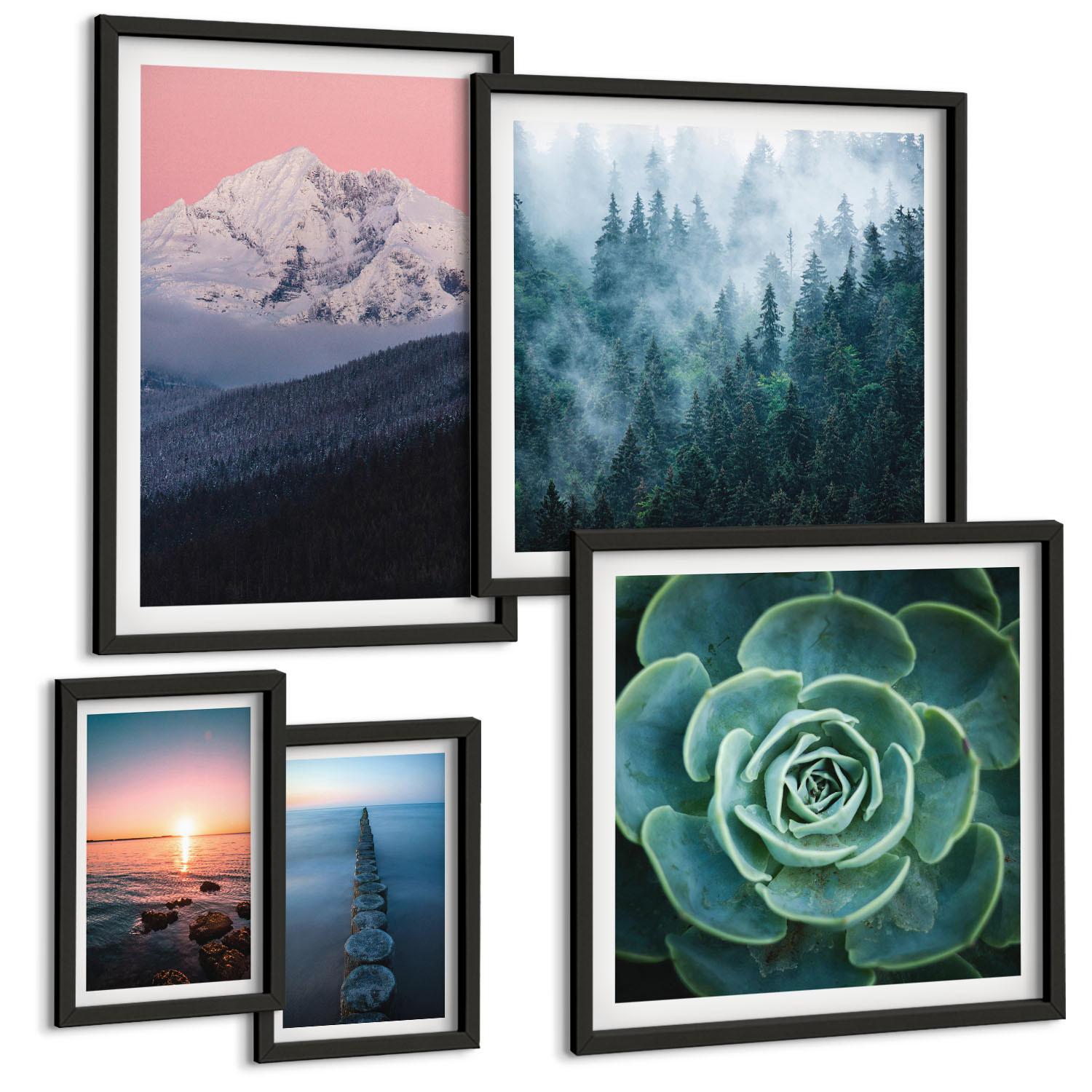 BILDER SET 5er Set - 50x50 cm & 20x30 cm & 40x60 cm Schwarzer Rahmen - Wasserfälle, Berge, Landschaften, Natur - Schwarz, Kunststoff (40/60cm) - TULUP